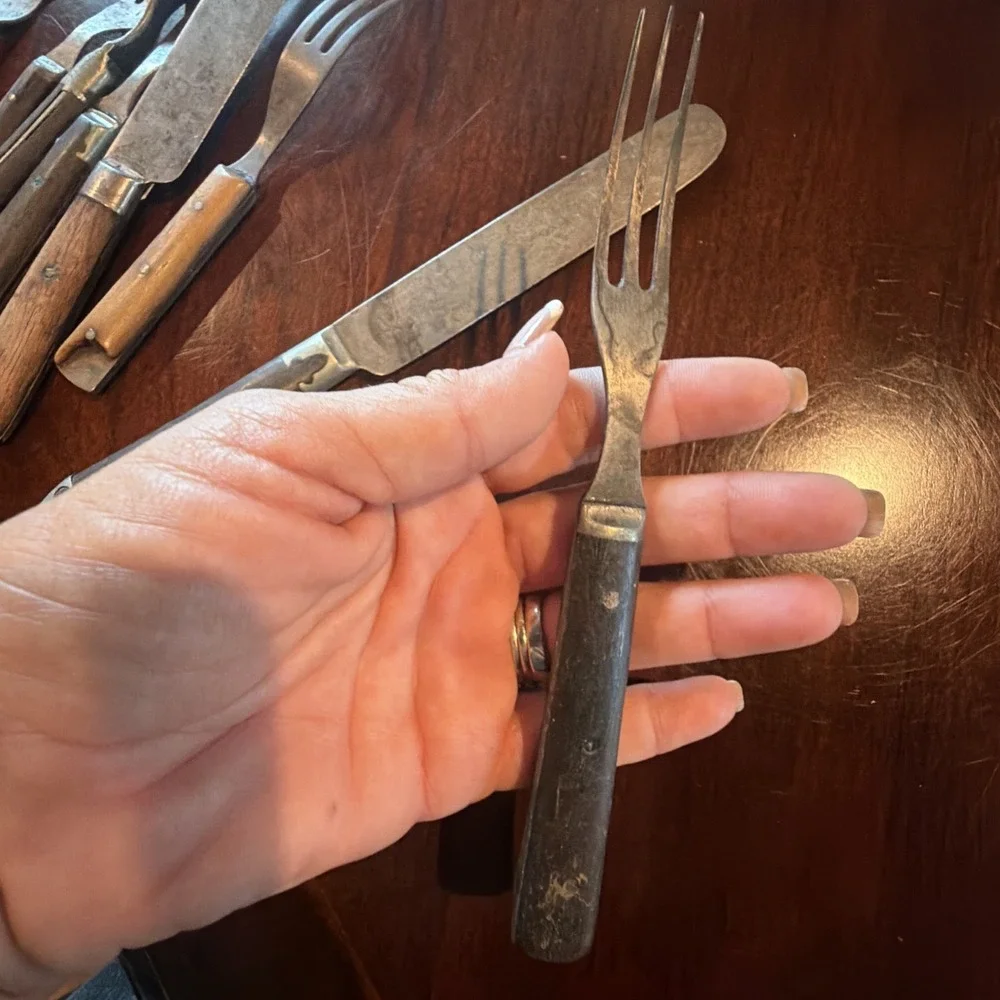Wood Handle Flatware Lot 8 Primitive Carbon Steel Knives Forks Victoria Era Antq